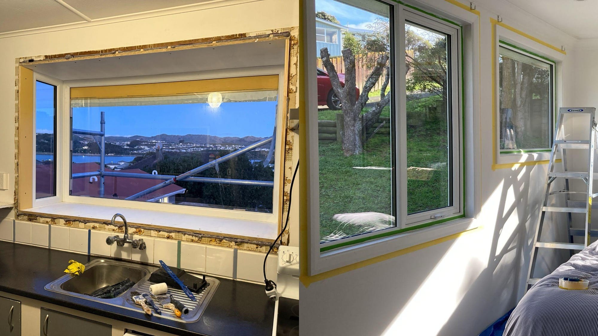 2 images of double glazed uPVC windows at different stages of installation. Left is unpainted without mouldings. Right was painted white, with painter's tapes in use