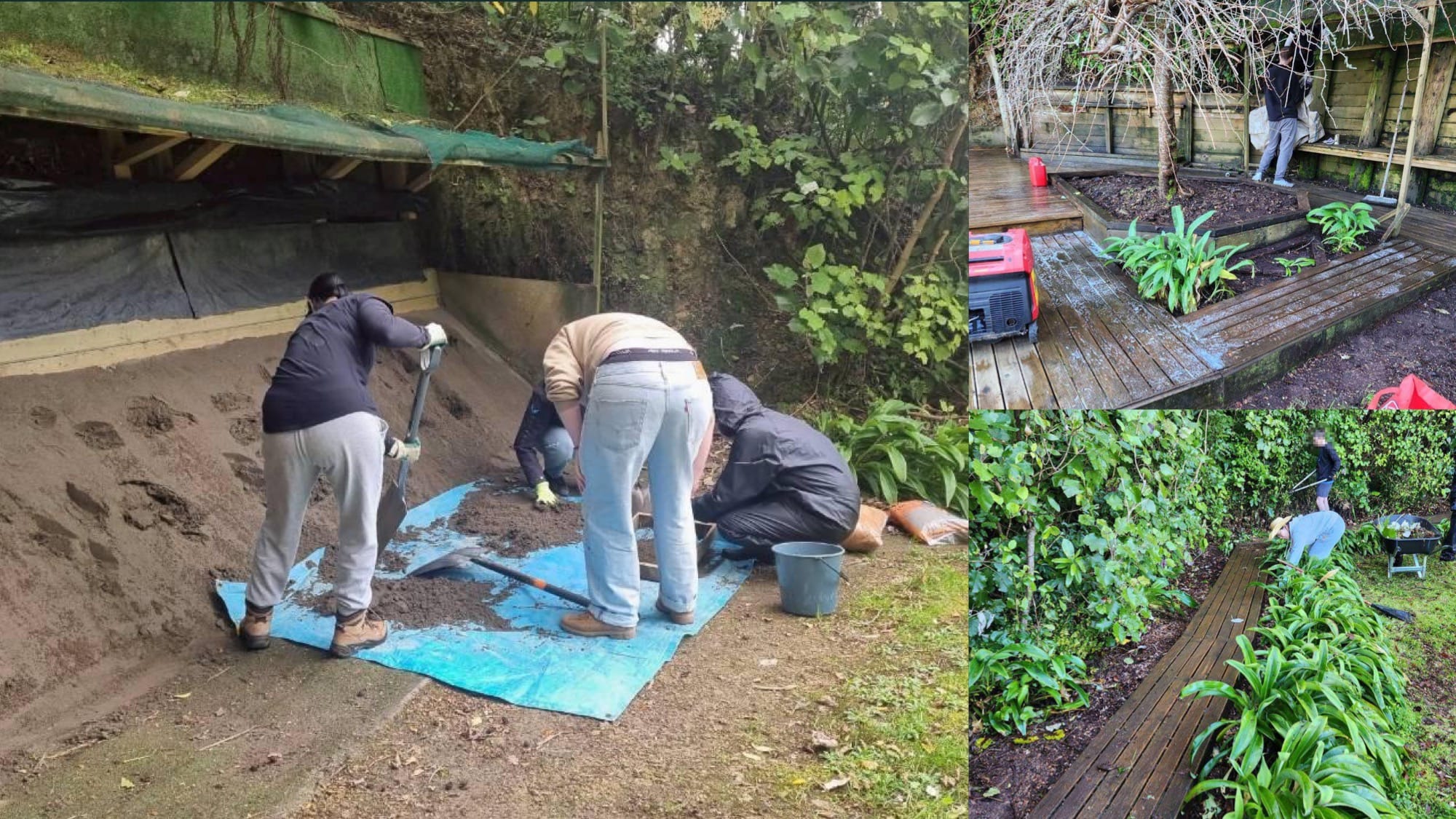 Three photos of various people resurfacing target bay, scrubbing a wooden deck, and pruning around the decking areas