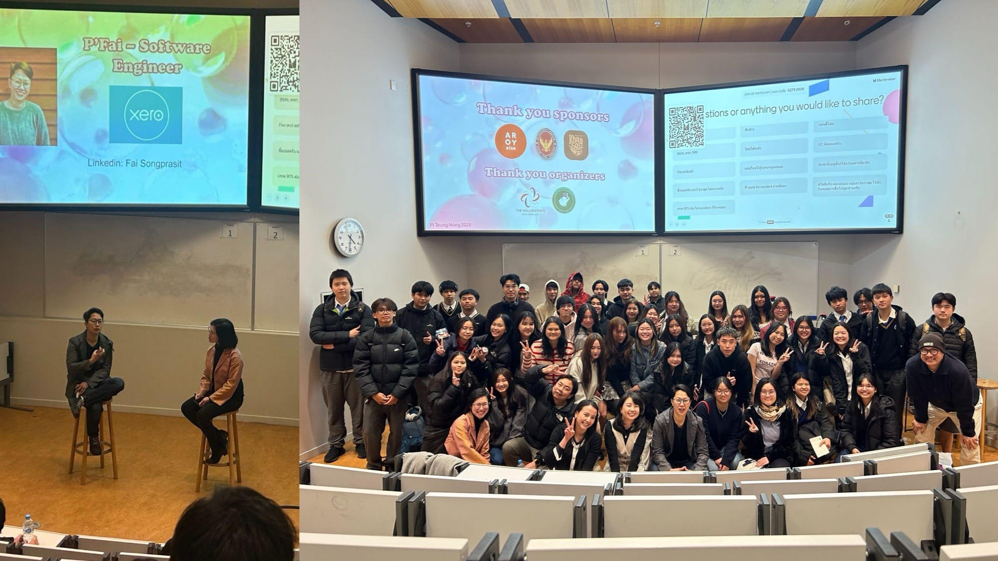 Two photos. Left is my sister and I sitting on high stools on stage, speaking. Right is a cheerful group photo of Thai speakers and event attendee