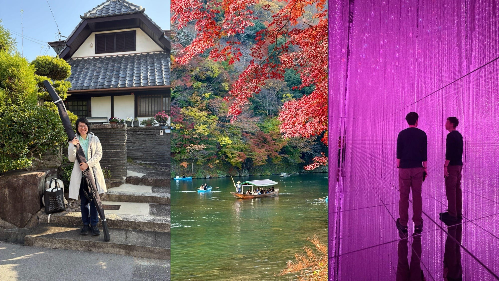 Three photos. First is of me smiling broadly, holding large unstrung Kyudo bow bag in front of an old Japanese house. Second is a shallow boat floating on the river, surrounded by autumn leaves of Arashiyama. Right is Prae's husband, standing in pink light filled mirrored room at TeamLabs