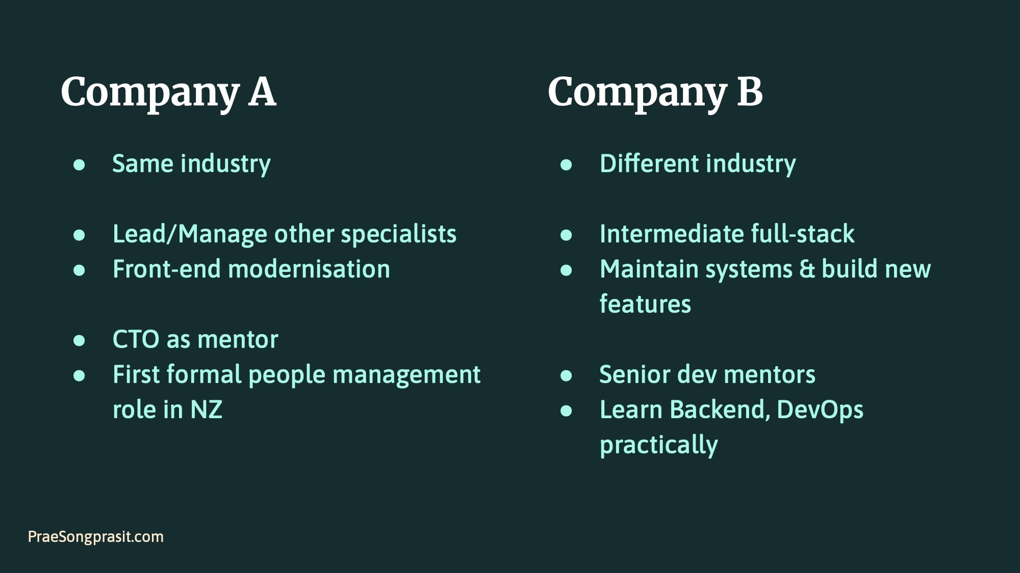 Slide - Company A: Same industry, Lead/Manage other specialists, Front-end modernisation, CTO as mentor, First formal people management role in NZ. Company B: Different industry, Intermediate full-stack, Maintain systems & build new features, Senior dev mentors, Learn Backend, DevOps practically